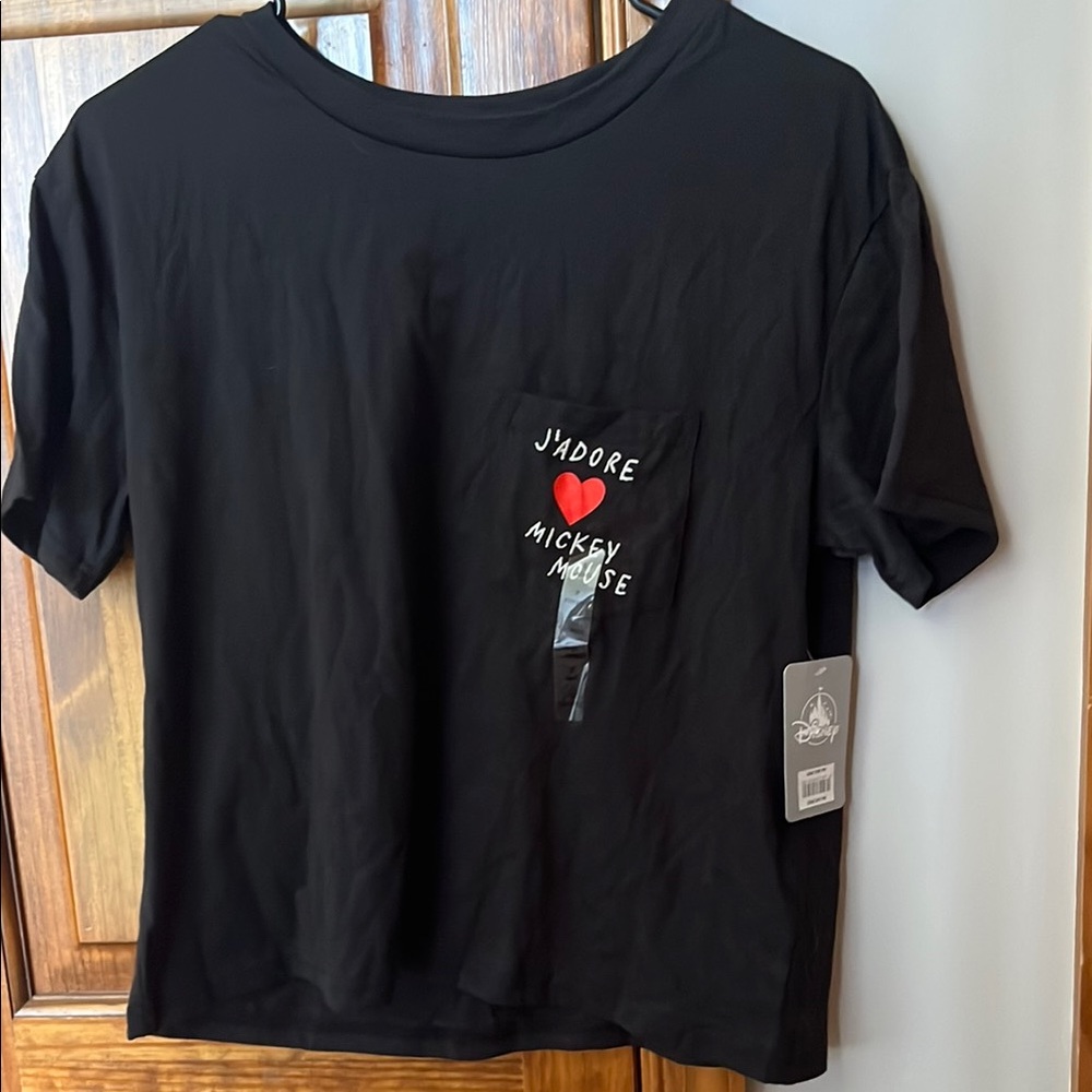 Disney Black T-Shirt with Red Heart and Mickey Mouse Design